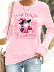 Women's In October We Wear Pink Halloween Pink Ghost Breast Cancer Awareness Support Sweatshirt gracestitchs