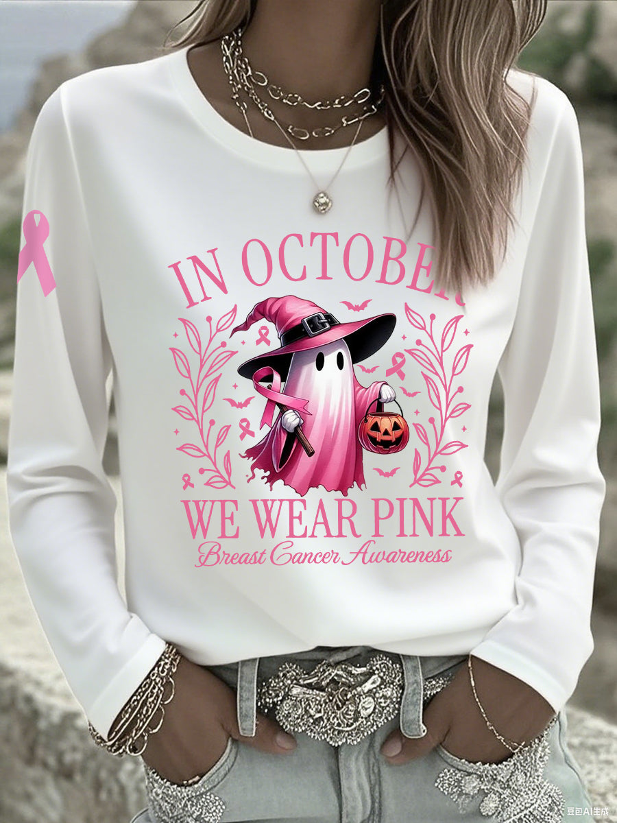 Women's In October We Wear Pink Halloween Pink Ghost Breast Cancer Awareness Support Long Sleeve T-Shirt gracestitchs