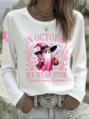 Women's In October We Wear Pink Halloween Pink Ghost Breast Cancer Awareness Support Long Sleeve T-Shirt gracestitchs