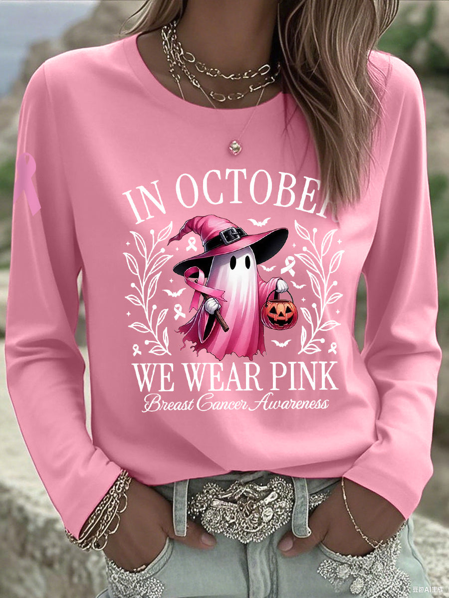 Women's In October We Wear Pink Halloween Pink Ghost Breast Cancer Awareness Support Long Sleeve T-Shirt gracestitchs