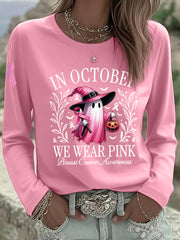 Women's In October We Wear Pink Halloween Pink Ghost Breast Cancer Awareness Support Long Sleeve T-Shirt gracestitchs