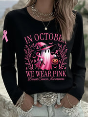 Women's In October We Wear Pink Halloween Pink Ghost Breast Cancer Awareness Support Long Sleeve T-Shirt gracestitchs