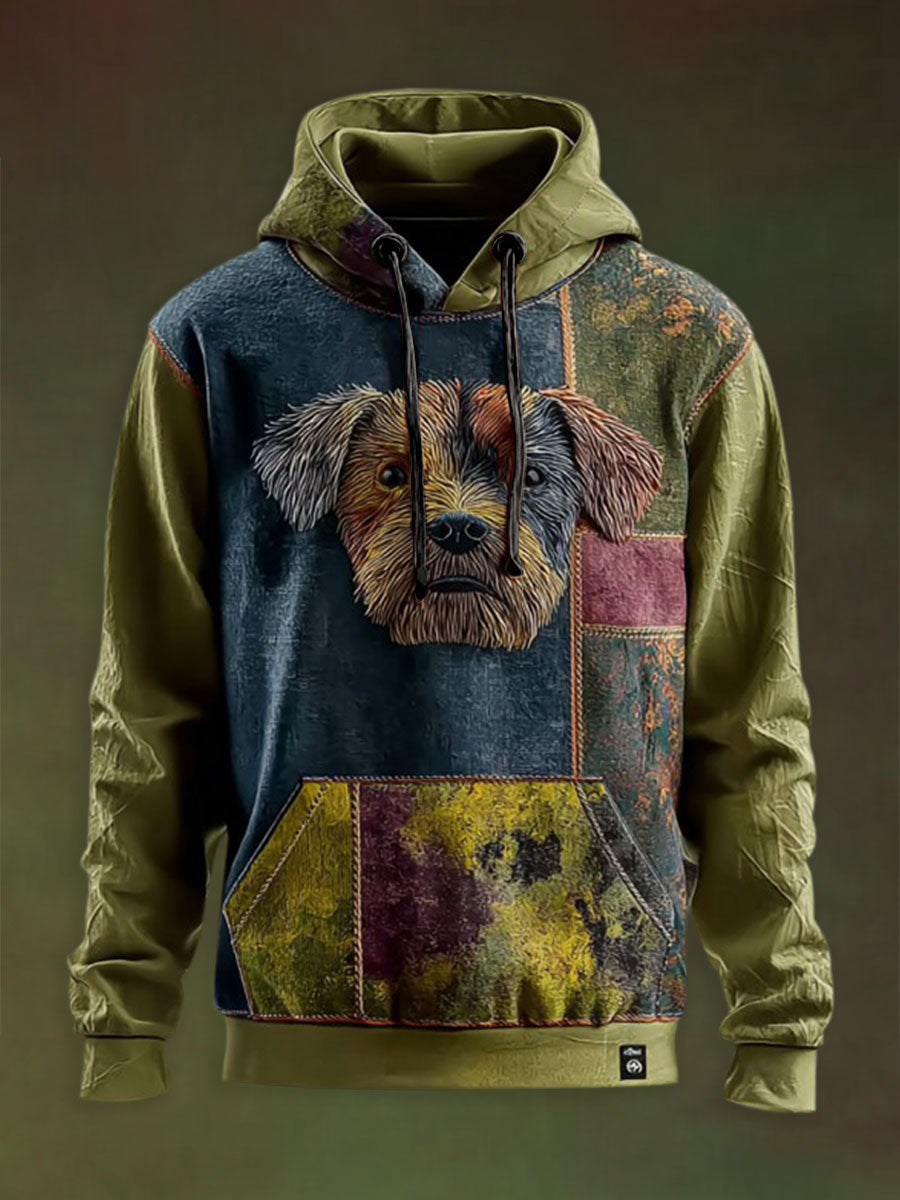 Vintage Patchwork Dog Print Art Casual Hoodie gracestitchs