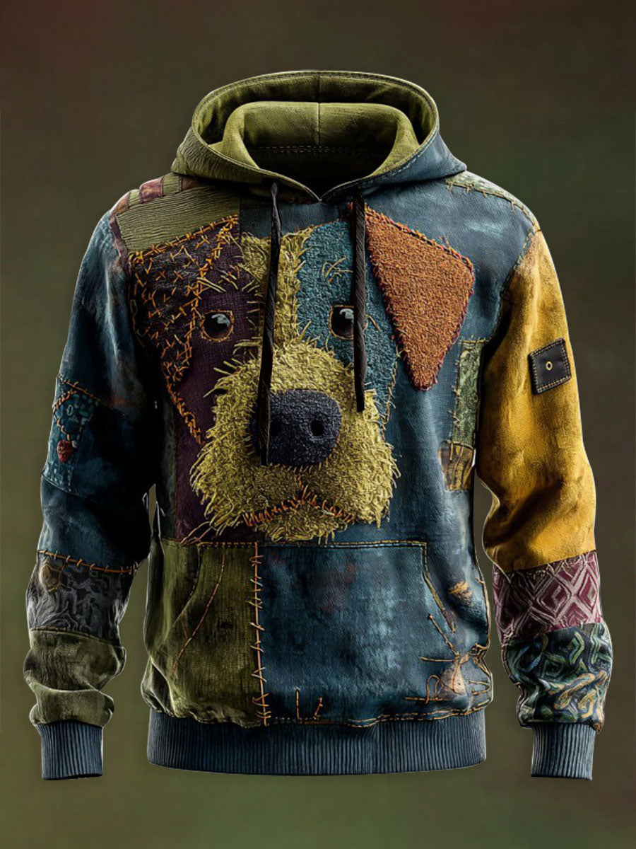 Vintage Patchwork Dog Print Art Casual Hoodie gracestitchs