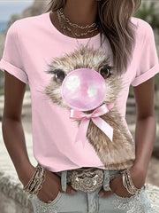 Women's Pink Ribbon Animals Print Round Neck T-shirt