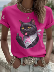 Women's Cat Pink Ribbon Print Casual T-shirt