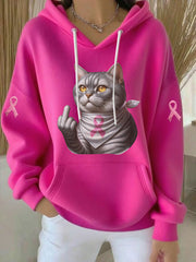 Women's Cat Pink Ribbon Print Casual Hoodie