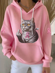 Women's Cat Pink Ribbon Print Casual Hoodie