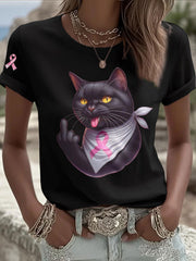 Women's Cat Pink Ribbon Print Casual T-shirt