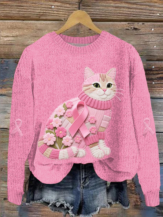Women's Cat Pink Ribbon Print Casual Top