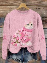 Women's Cat Pink Ribbon Print Casual Top