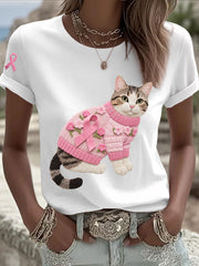 Women's Cat Pink Ribbon Print Casual T-shirt