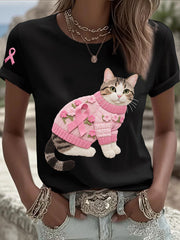 Women's Cat Pink Ribbon Print Casual T-shirt