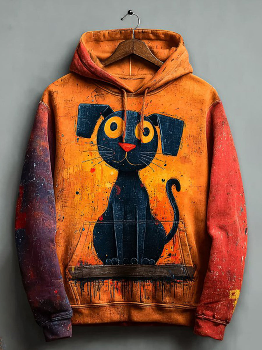 Vintage Halloween Patchwork Black Cat Print Art Casual Hoodie gracestitchs