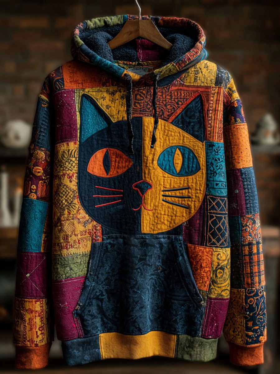 Vintage Halloween Patchwork Black Cat Print Art Casual Hoodie gracestitchs