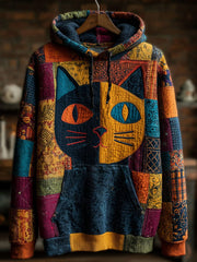Vintage Halloween Patchwork Black Cat Print Art Casual Hoodie