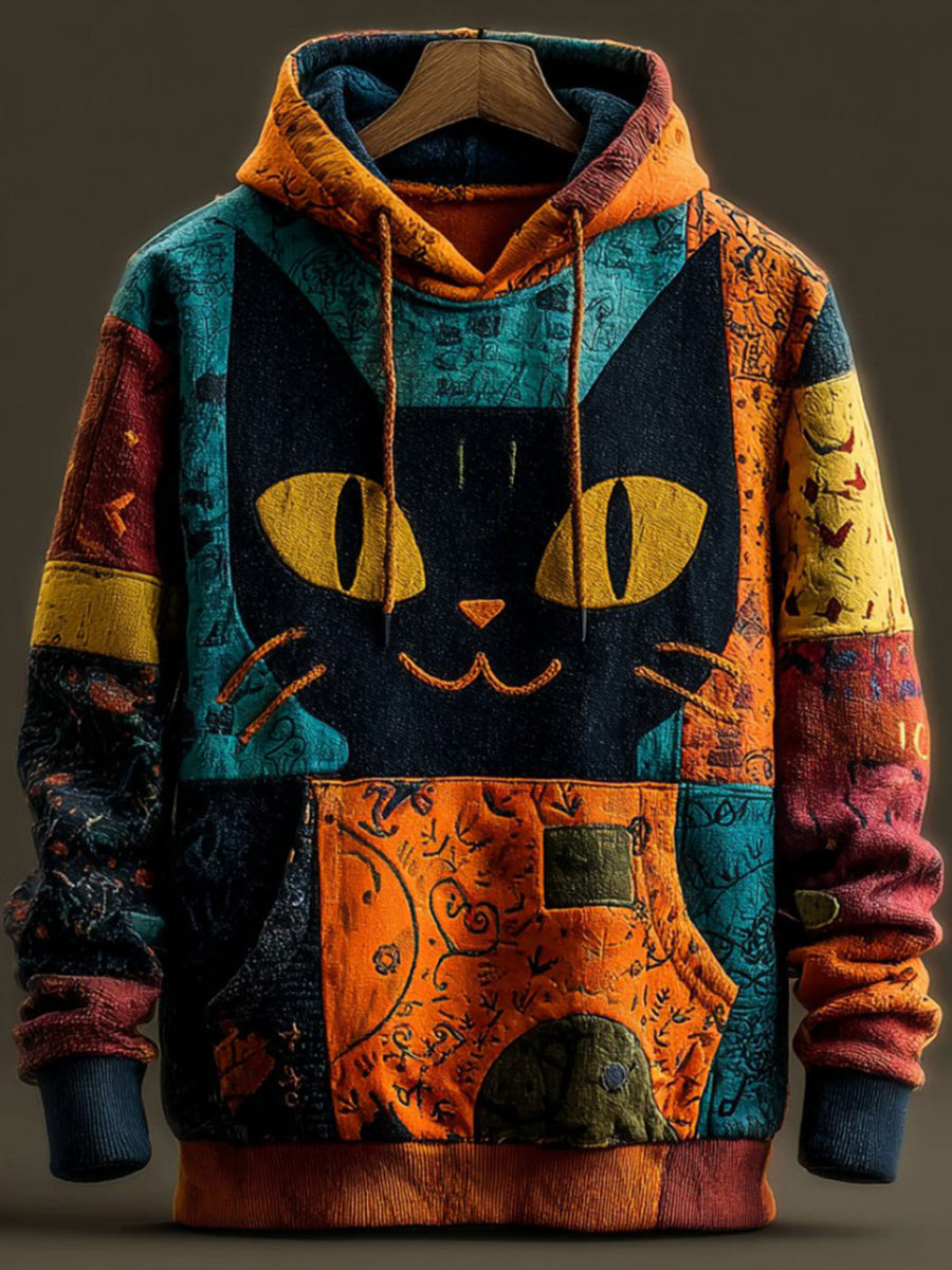 Vintage Halloween Patchwork Black Cat Print Art Casual Hoodie gracestitchs