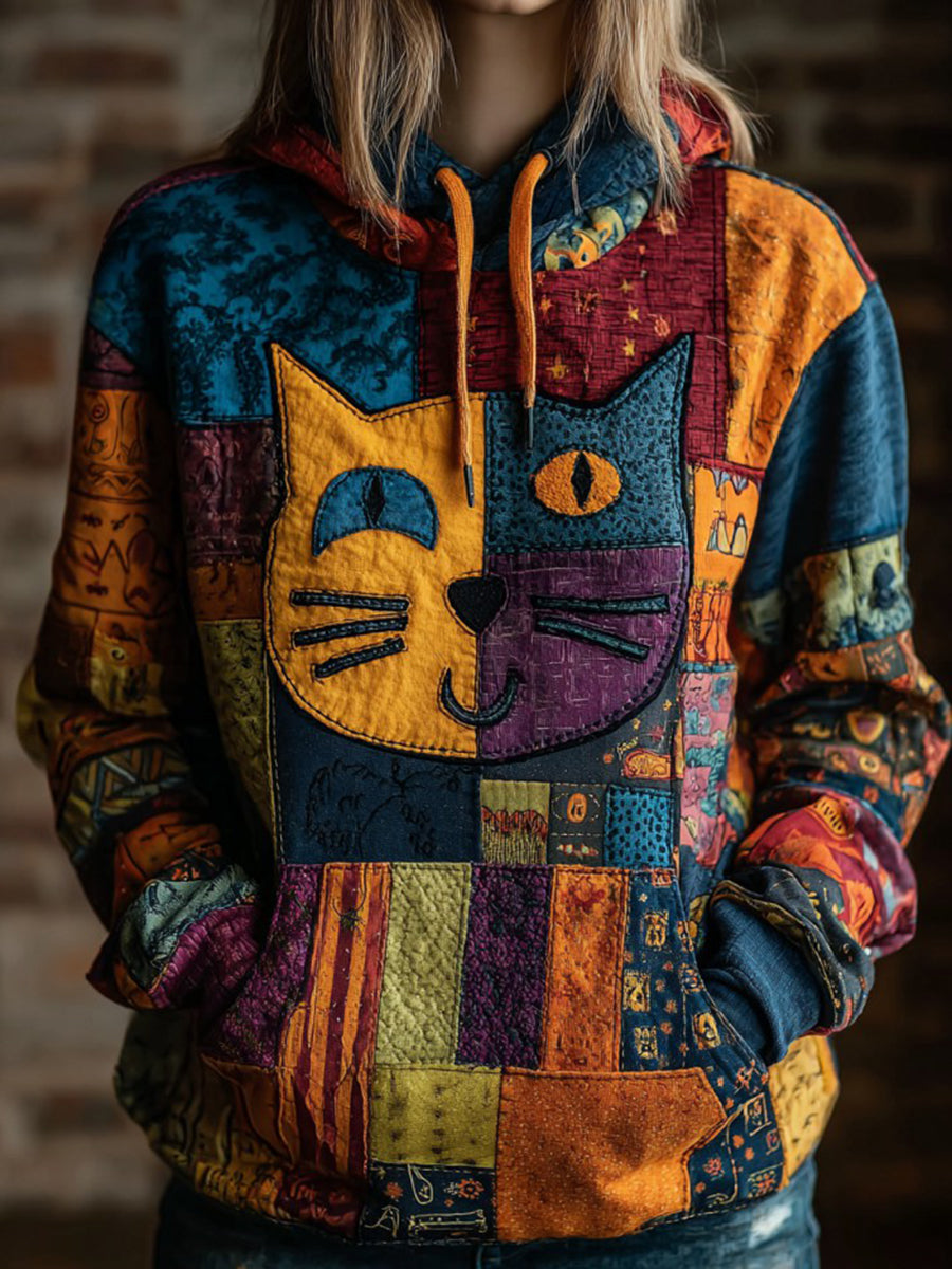 Vintage Halloween Patchwork Black Cat Print Art Casual Hoodie gracestitchs