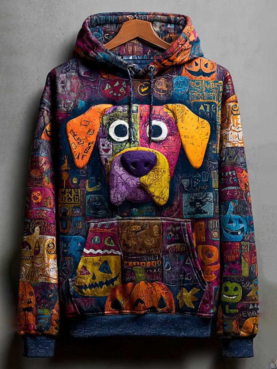 Vintage Halloween Patchwork Dog Print Art Casual Hoodie gracestitchs