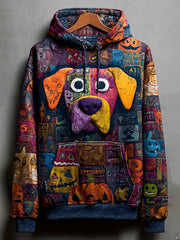 Vintage Halloween Patchwork Dog Print Art Casual Hoodie gracestitchs