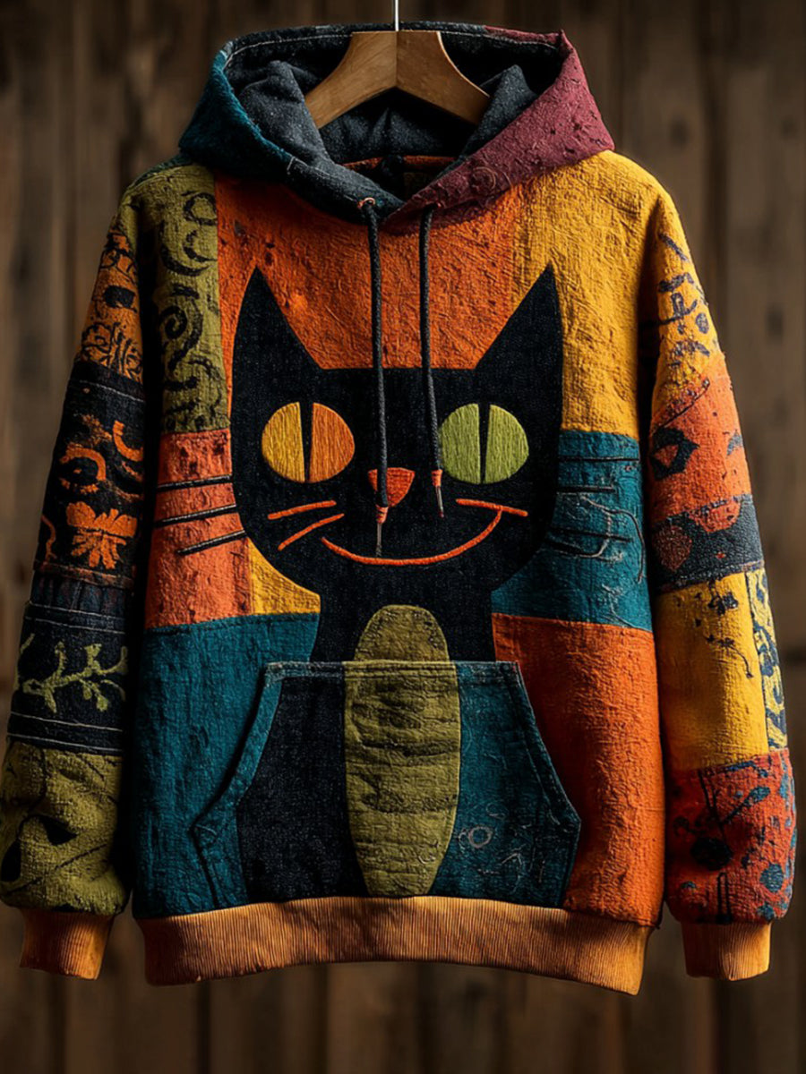Vintage Halloween Patchwork Black Cat Print Art Casual Hoodie gracestitchs