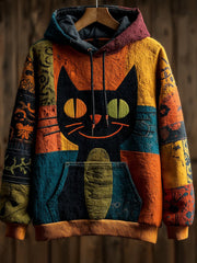 Vintage Halloween Patchwork Black Cat Print Art Casual Hoodie gracestitchs