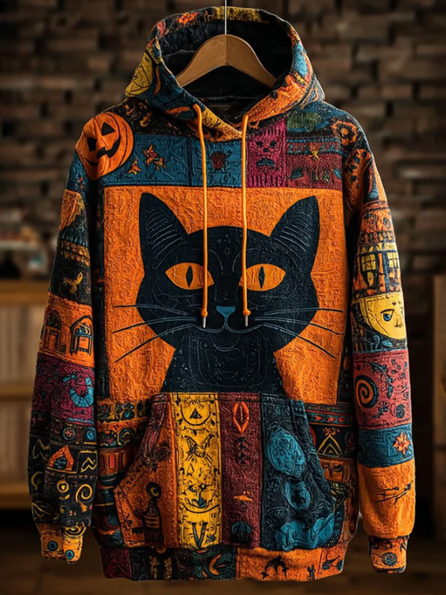 Vintage Halloween Patchwork Black Cat Print Art Casual Hoodie gracestitchs