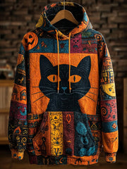 Vintage Halloween Patchwork Black Cat Print Art Casual Hoodie gracestitchs