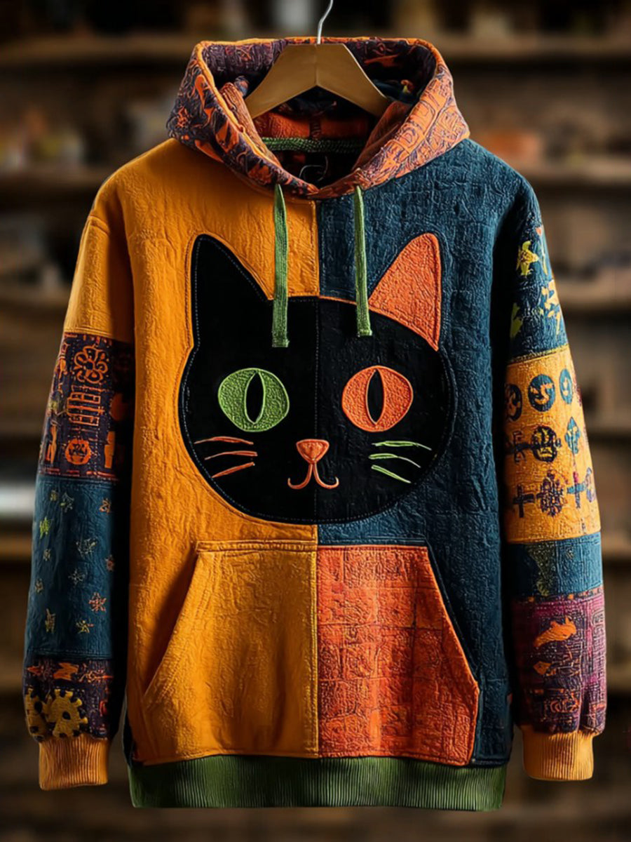 Vintage Halloween Patchwork Black Cat Print Art Casual Hoodie gracestitchs