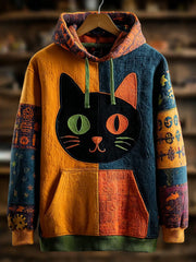 Vintage Halloween Patchwork Black Cat Print Art Casual Hoodie gracestitchs