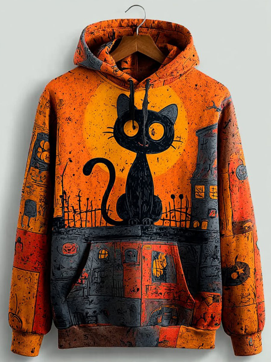 Vintage Halloween Patchwork Black Cat Print Art Casual Hoodie gracestitchs