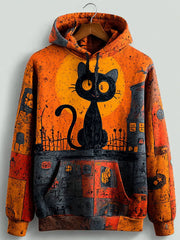 Vintage Halloween Patchwork Black Cat Print Art Casual Hoodie gracestitchs