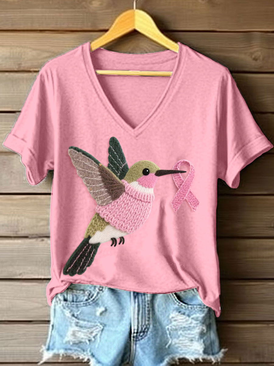Women's Hummingbird Pattern Felt Art V-Neck T-Shirt gracestitchs