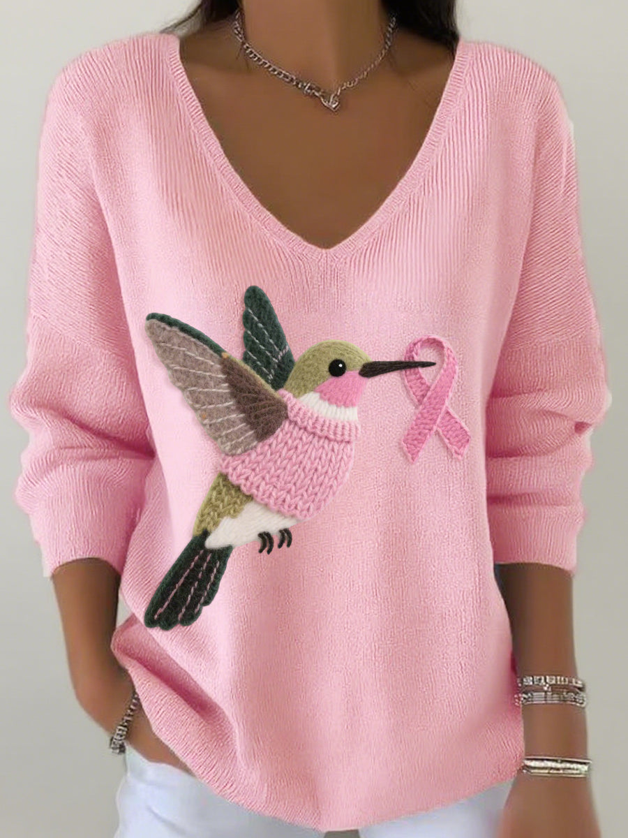 Women's Felt Art Hummingbird Pattern V-Neck Ribbed Top gracestitchs
