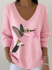 Women's Felt Art Hummingbird Pattern V-Neck Ribbed Top gracestitchs