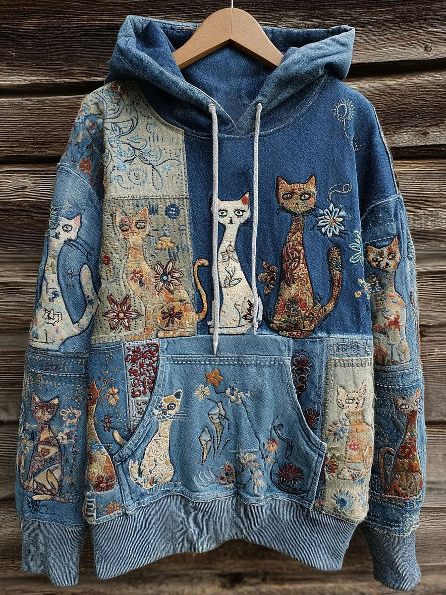 Women's Artistic Cat Print Casual Pocket Hoodie gracestitchs