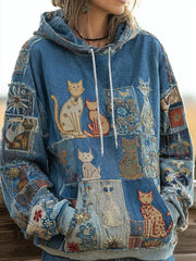Women's Artistic Cat Print Casual Pocket Hoodie gracestitchs