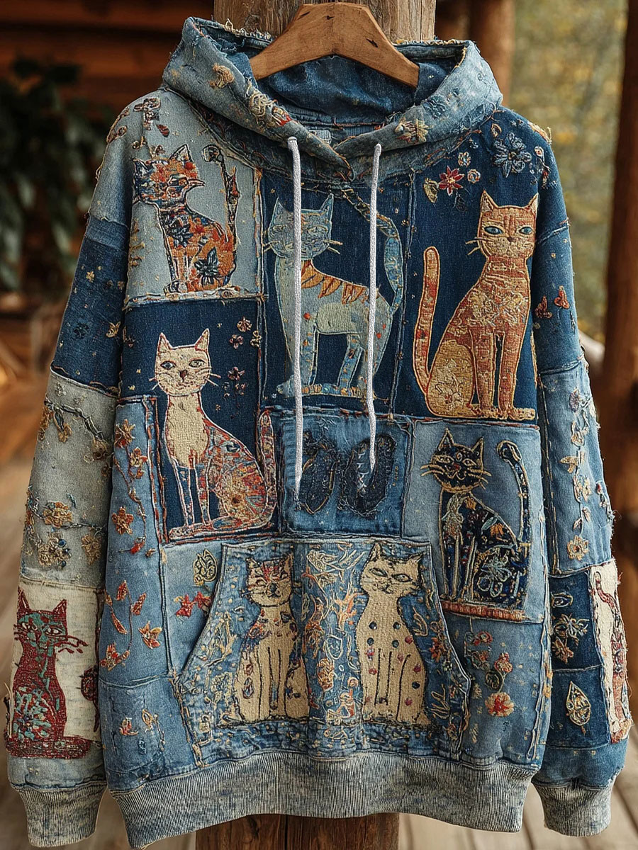 Women's Artistic Cat Print Casual Pocket Hoodie gracestitchs