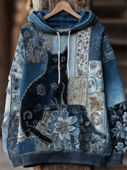 Women's Artistic Cat Print Casual Pocket Hoodie gracestitchs