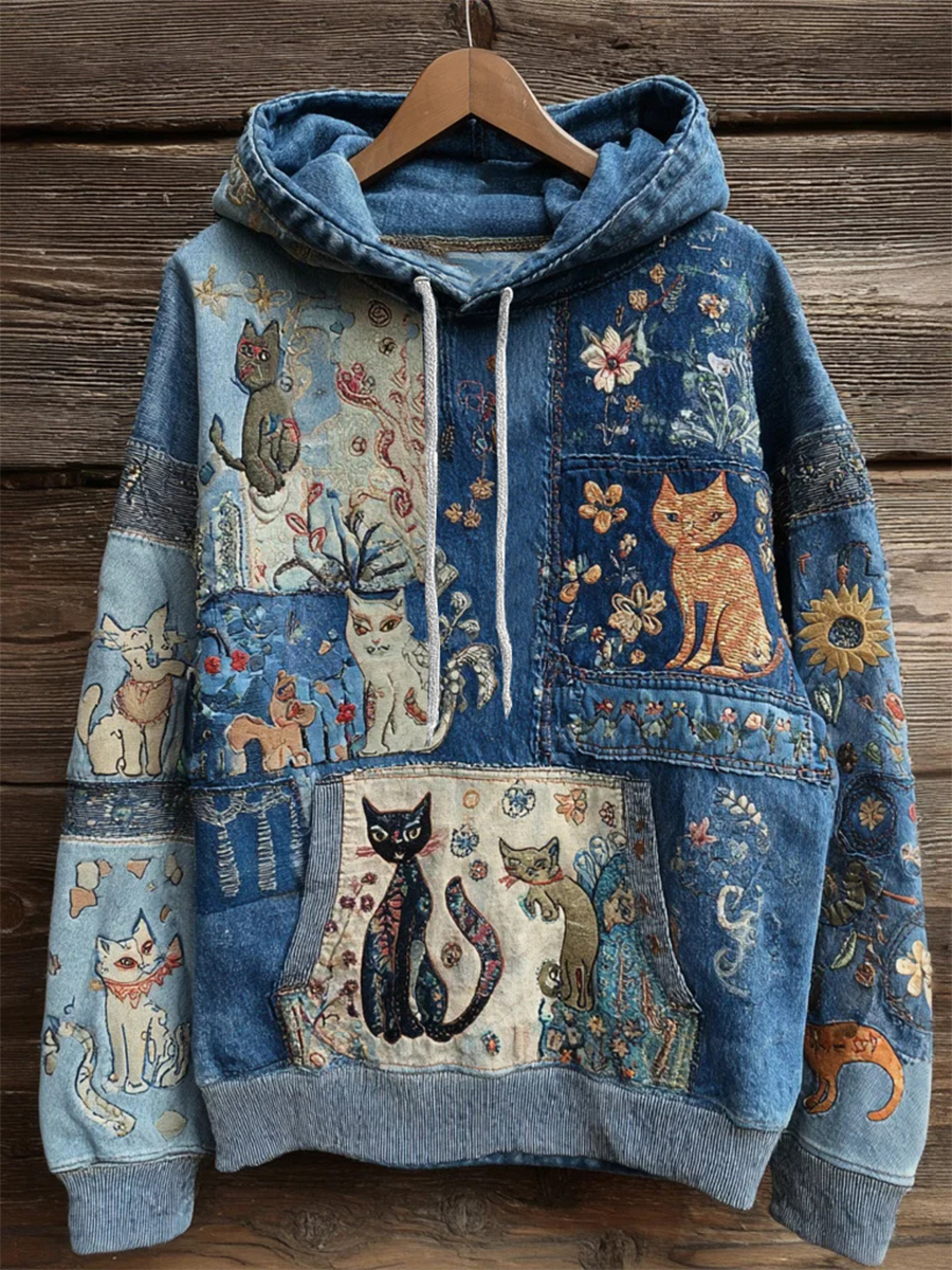 Women's Artistic Cat Print Casual Pocket Hoodie gracestitchs
