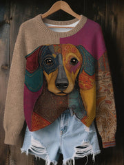 Women's Vintage Patchwork Dog Art Print Art Casual Knitted Sweater gracestitchs