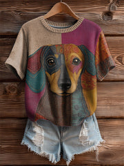 Women's Vintage Patchwork Dog Print Art Cozy Knit Top