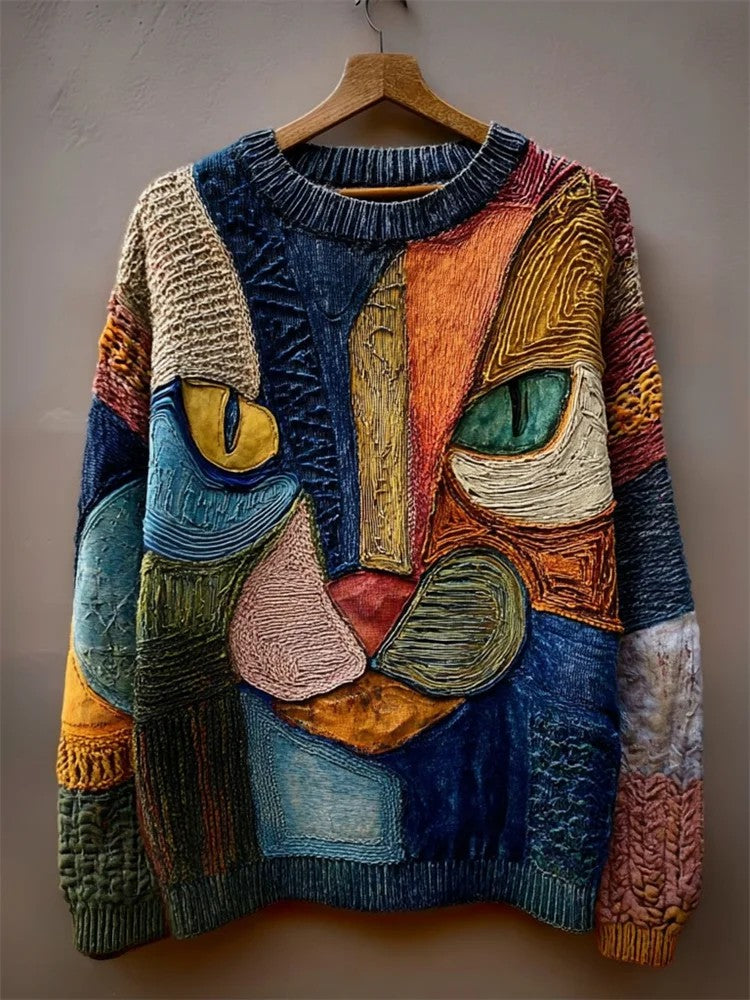 Women's Vintage Cat Art Print Art Casual Knitted Sweater gracestitchs