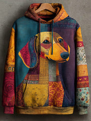 Vintage Patchwork Dog Print Art Casual Hoodie gracestitchs