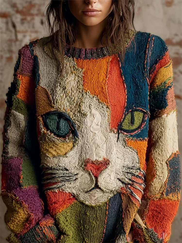 Women's Vintage Cat Art Print Art Casual Knitted Sweater gracestitchs