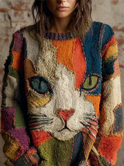 Women's Vintage Cat Art Print Art Casual Knitted Sweater gracestitchs