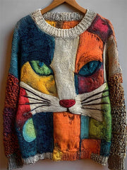 Women's Vintage Cat Art Print Art Casual Knitted Sweater gracestitchs
