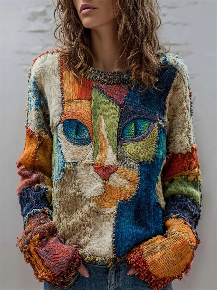 Women's Vintage Cat Art Print Art Casual Knitted Sweater gracestitchs