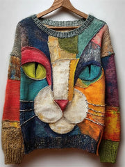Women's Vintage Cat Art Print Art Casual Knitted Sweater gracestitchs