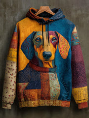 Vintage Patchwork Dog Print Art Casual Hoodie